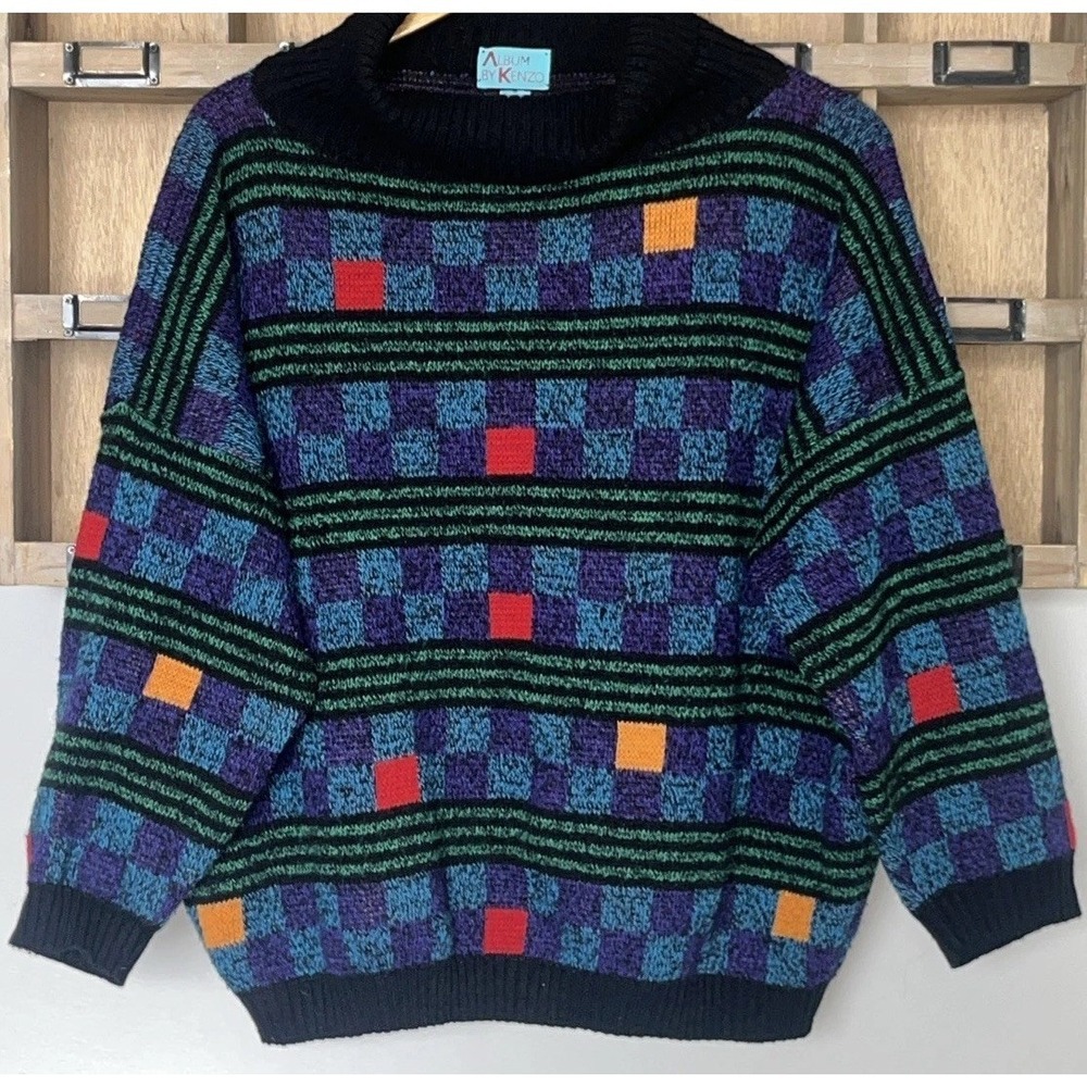 Vintage Kenzo Italian Knit Sweater Mens M Color Block Geometric Wool Blend